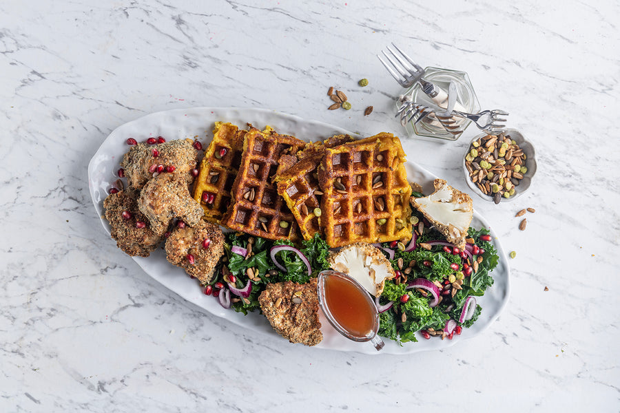 Spicy Cauliflower Wings with Roasted Oat Waffles